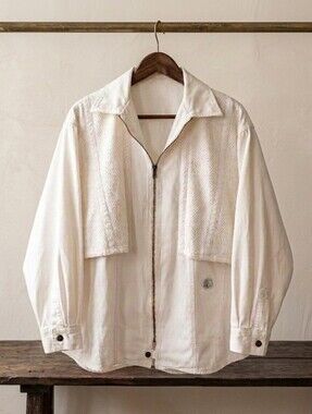 VTG Blue Willi's Danish Design White Textured Knit Patchwork Full Zip Jacket XL